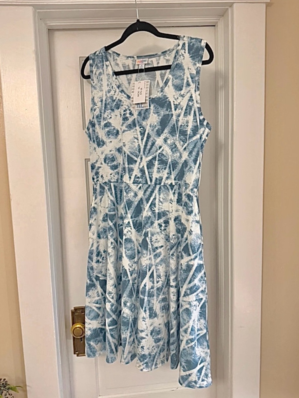 NEW-Lularoe Nicki Blue & White Tie-Dye Look Sleeveless Fit & Flare Dress-Sz XL
